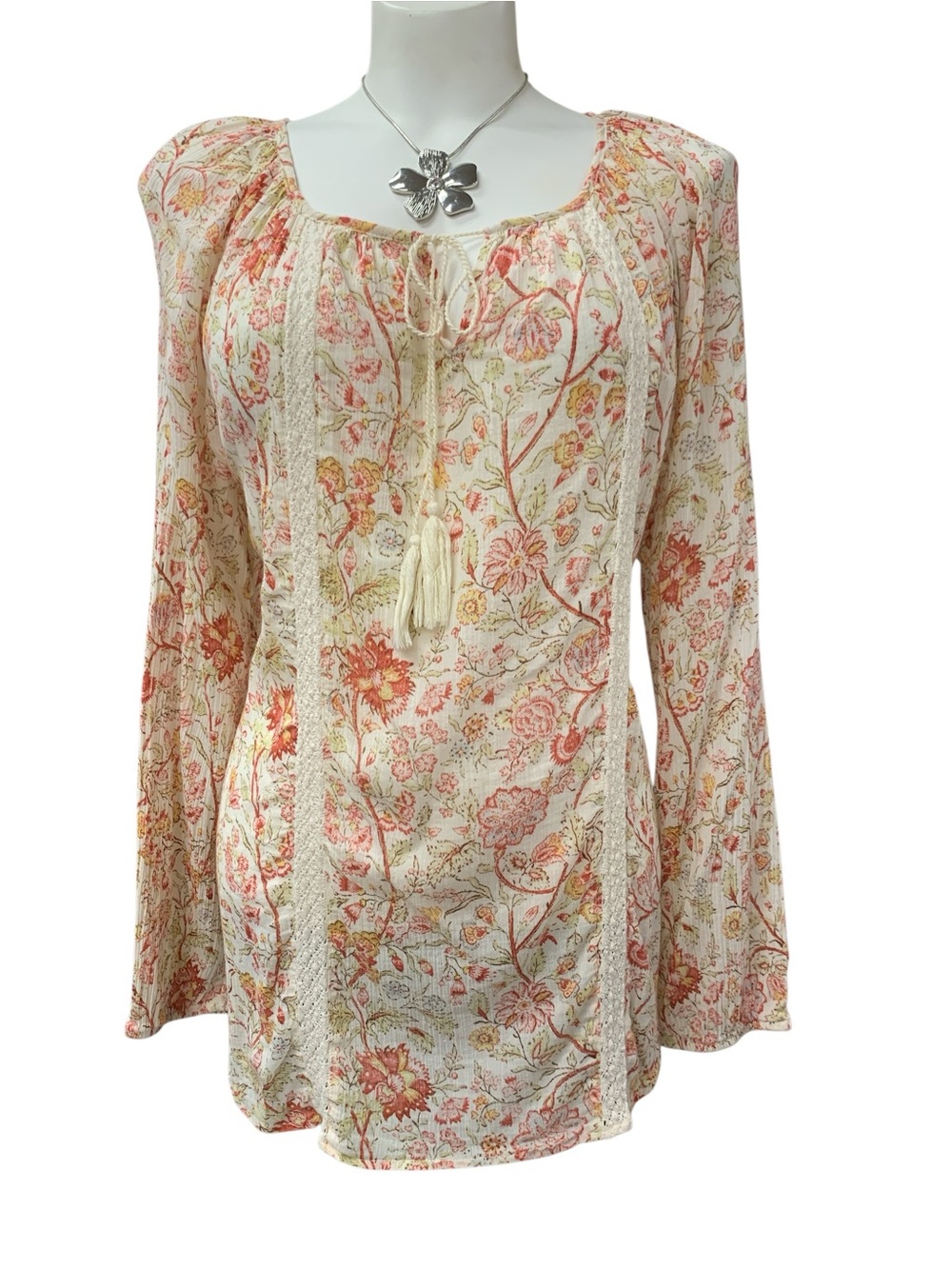 Chaps Floral Boho Peasant Top - Cream with Coral Pink Print Size L
